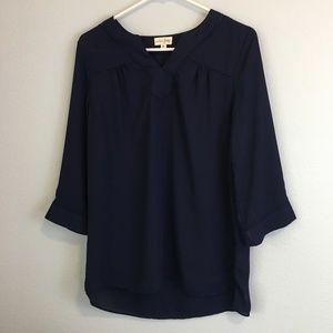 Maison Jules Navy Blue Sheer Blouse 3/4 Sleeve M